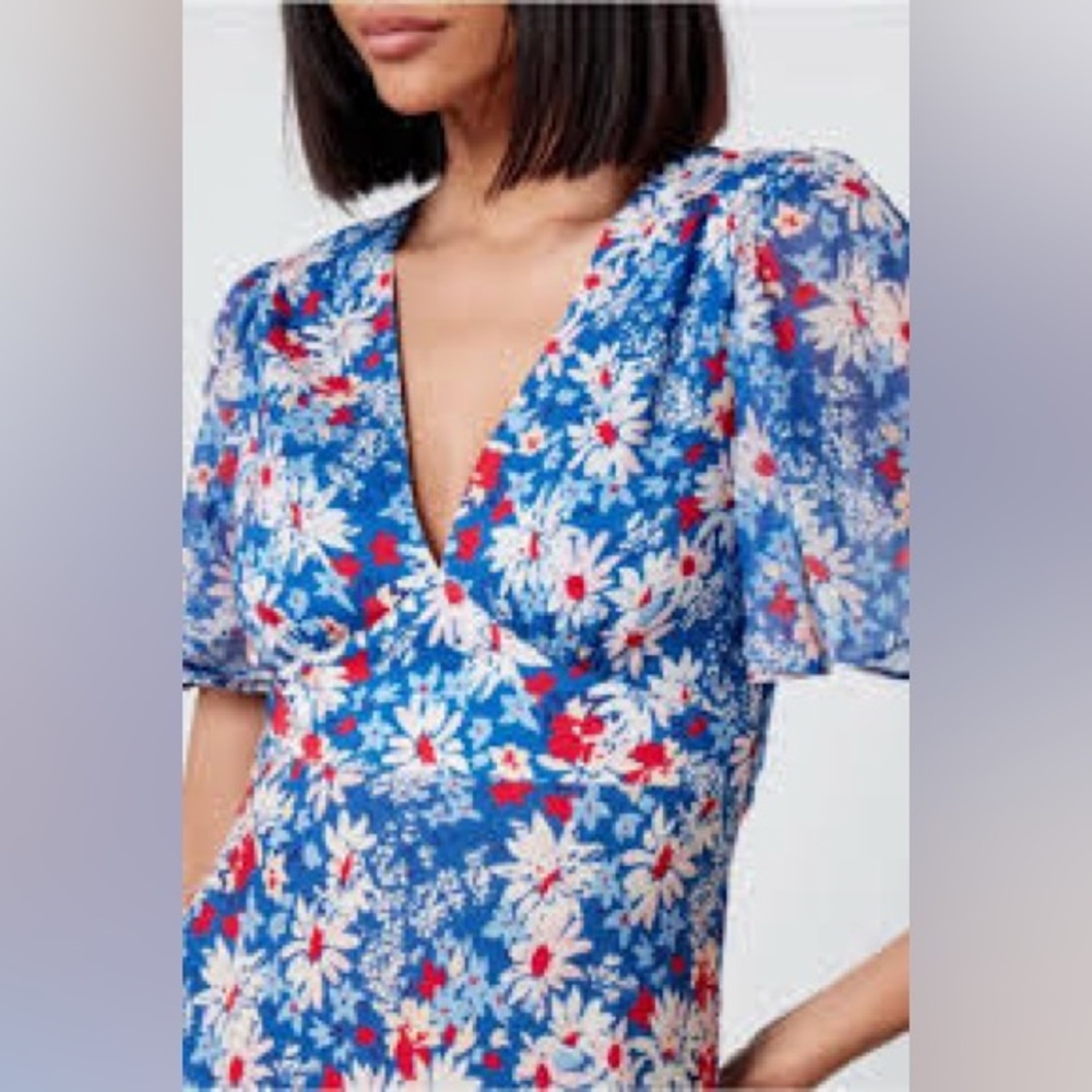 NWT Rixo Florida V-Neck Blue Daisy Midi Dress Dress